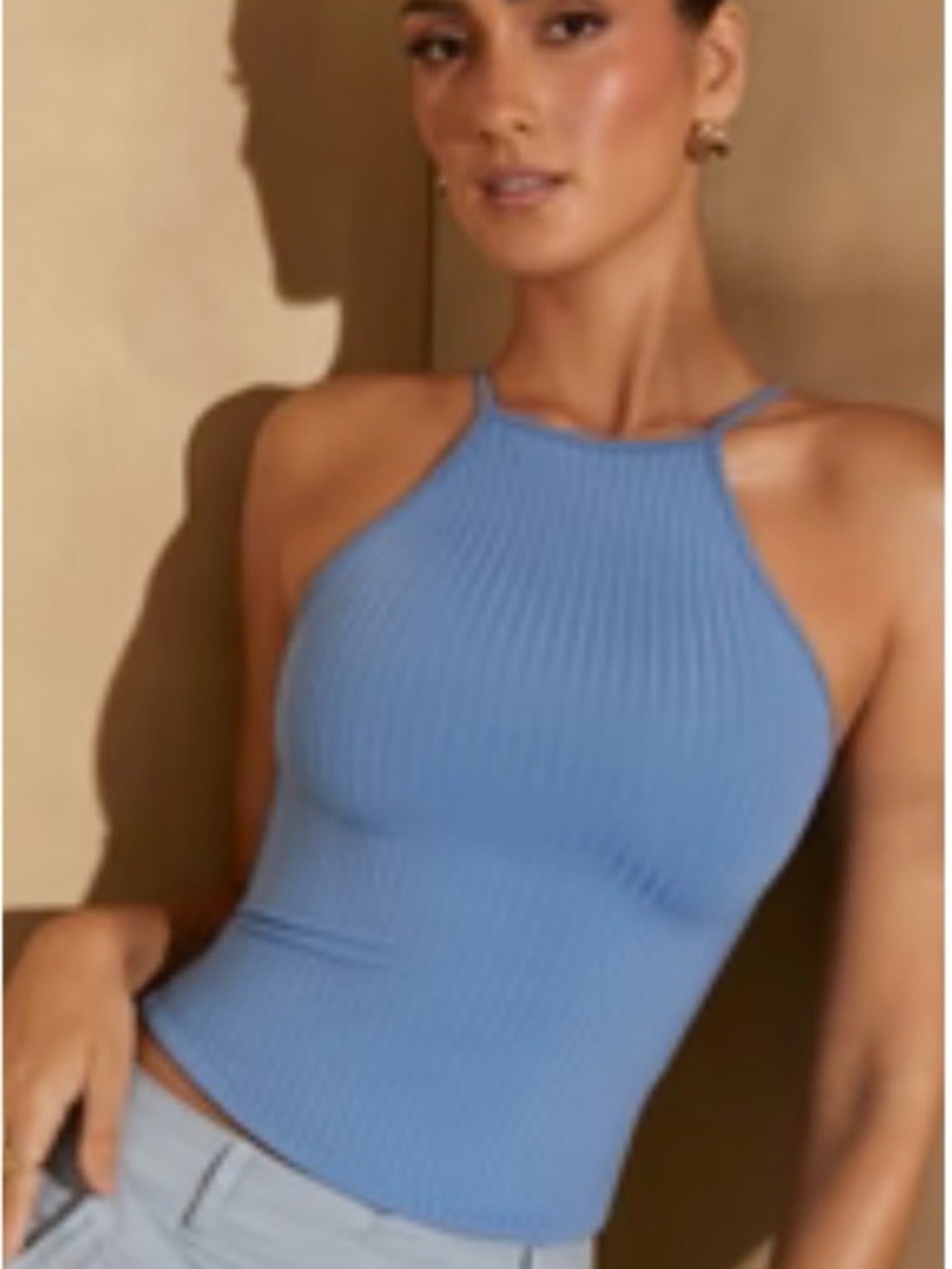 Oh Polly Ribbed Halter Tank Top - Slate Blue